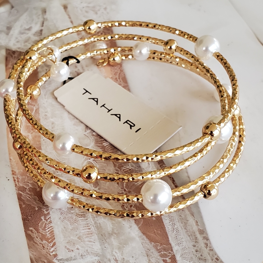 TAHARI Hammered Gold Pearl Coil Bracelet Memory Wire Wrap Spiral Bangle Bypass - Picture 4 of 11